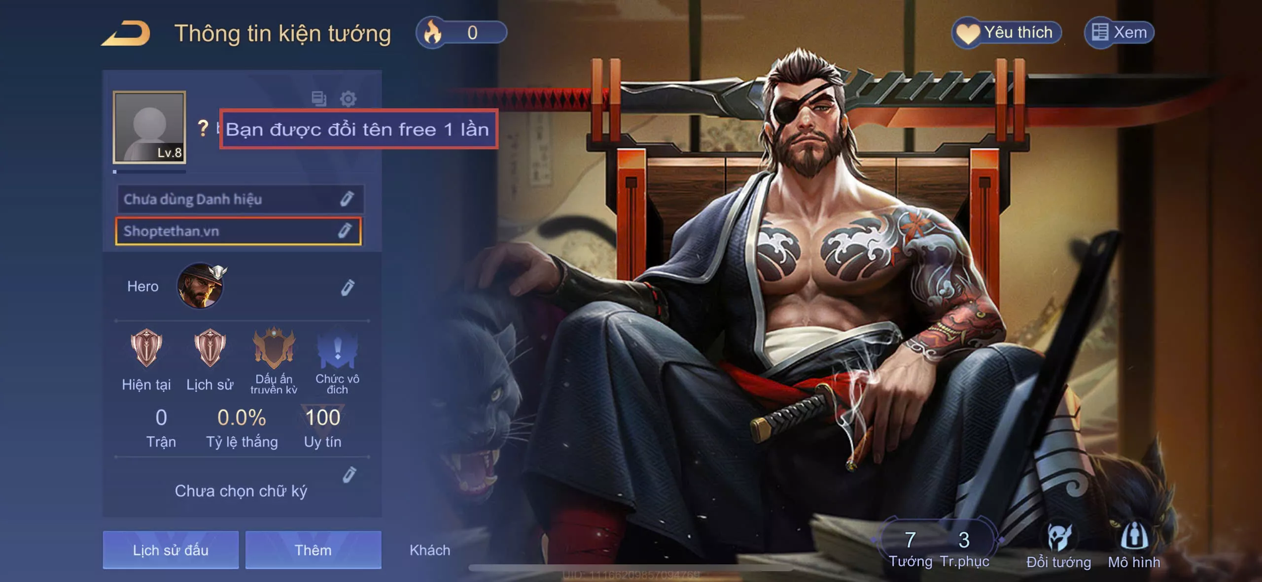 ACC REG: Ryoma thanh long bang chủ, sẵn tướng, free đổi tên, trắng thông tin